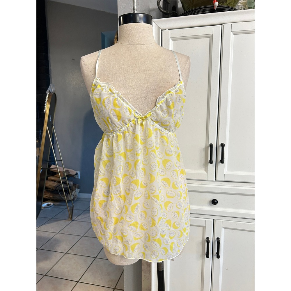 Lemon Print Sheer Babydoll Camisole Top Yellow White Ruffle Bow MEDIUM - Picture 2 of 8